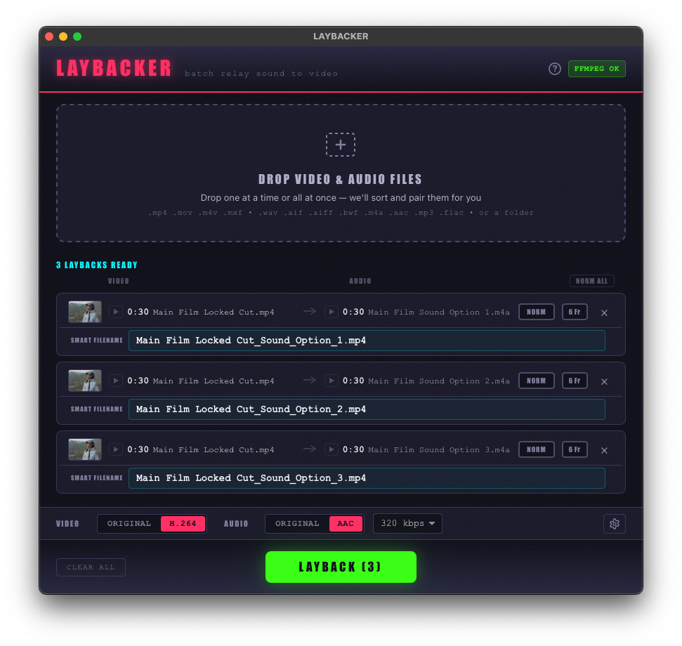 Laybacker app — dark mode